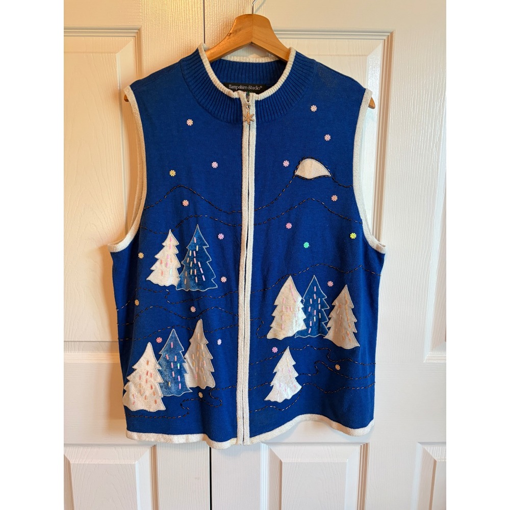 Hampshire Studio Snow Blue Christmas Tree Sequin Zip Sweater Vest Womens 1X